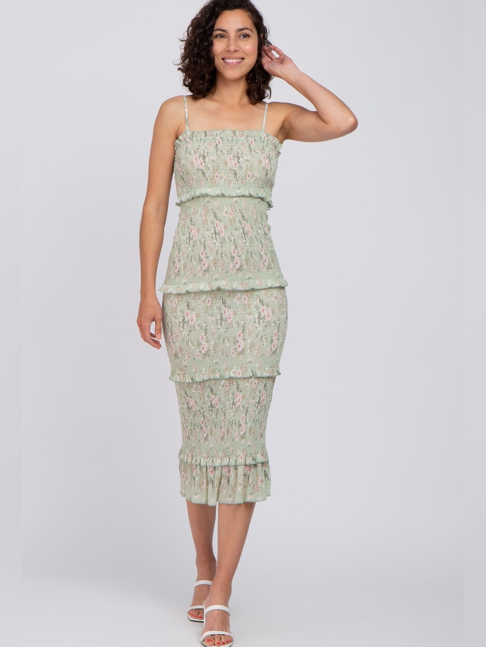 Mable Floral Smocked Fitted
Ruffle Tiered Midi Dress in Light Green Sz L NWOT
